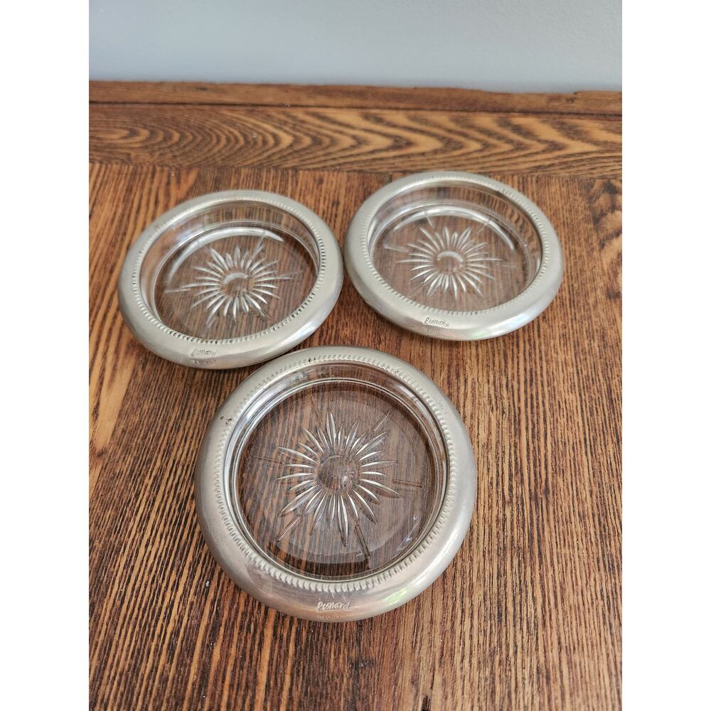3 Glass Coasters LEONARD Italy Sterling Silver Plate Rim STARBURST MCM Vintage